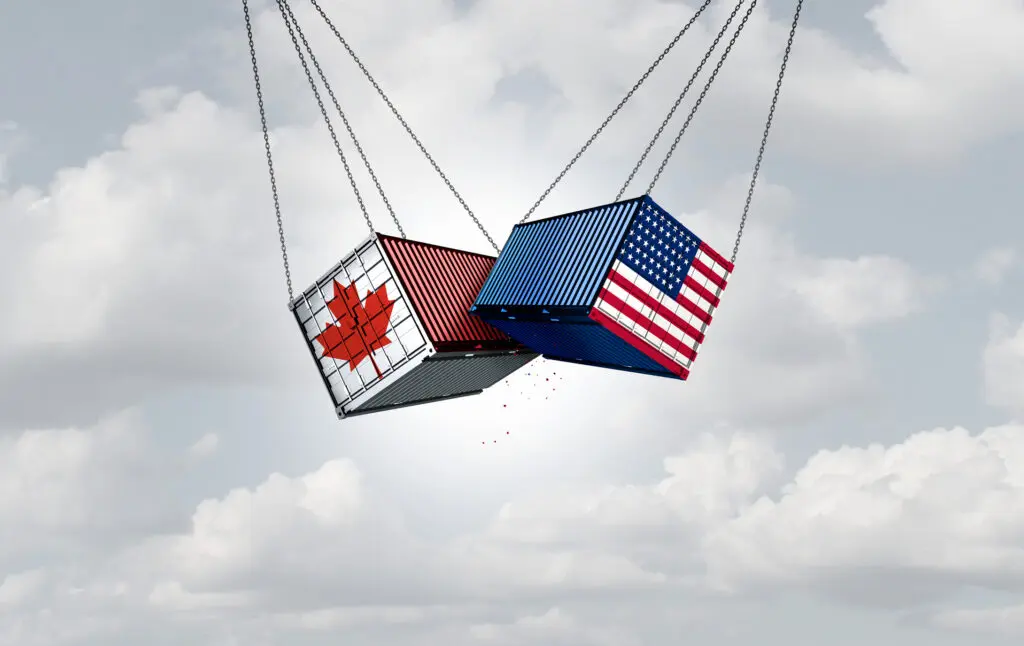 USA Canada Trade War and United States or USA Canadian trade relationship crisis as American tariffs conflict with two opposing North American trading partners as an economic import and exports dispute concept.