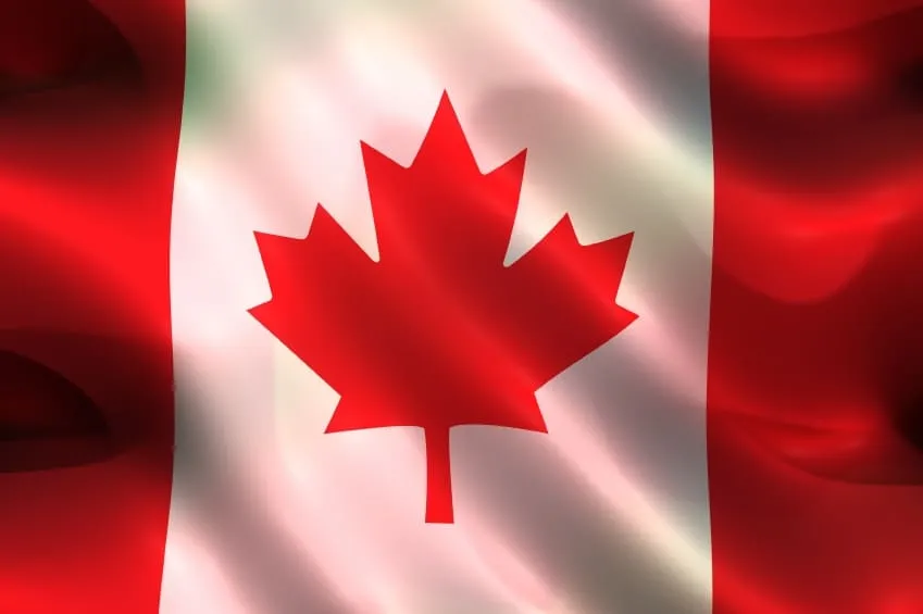 Waving Canadian flag with red maple leaf