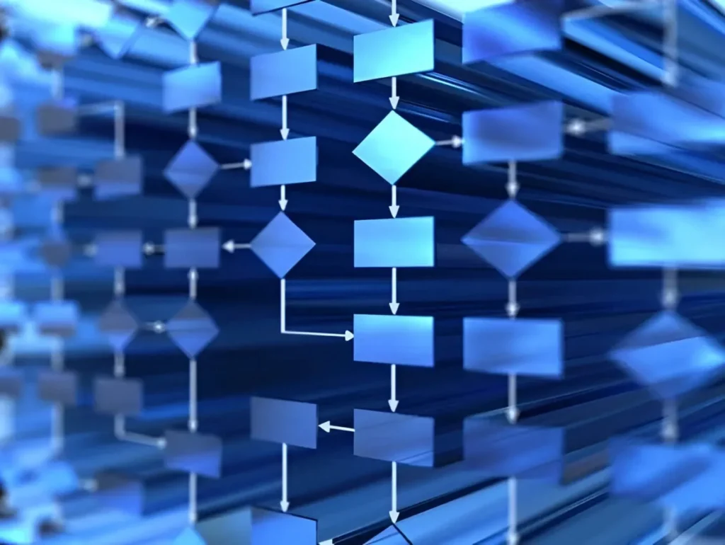 3D blue flowchart with connected blocks