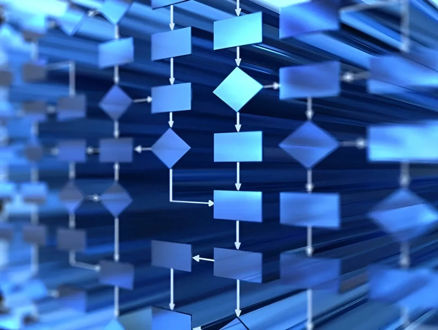 3D blue flowchart with connected blocks