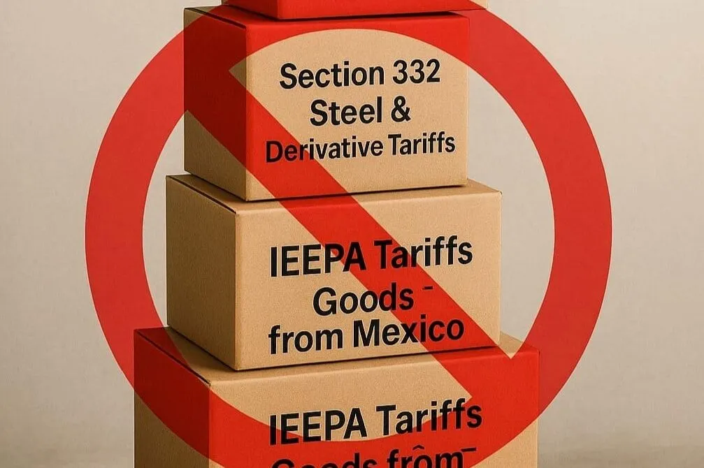 Stacked tariff boxes crossed by prohibition sign