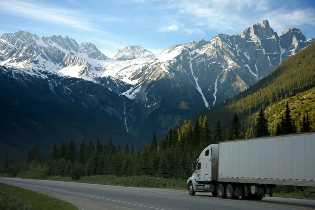Semi truck driving past snow-capped mountains