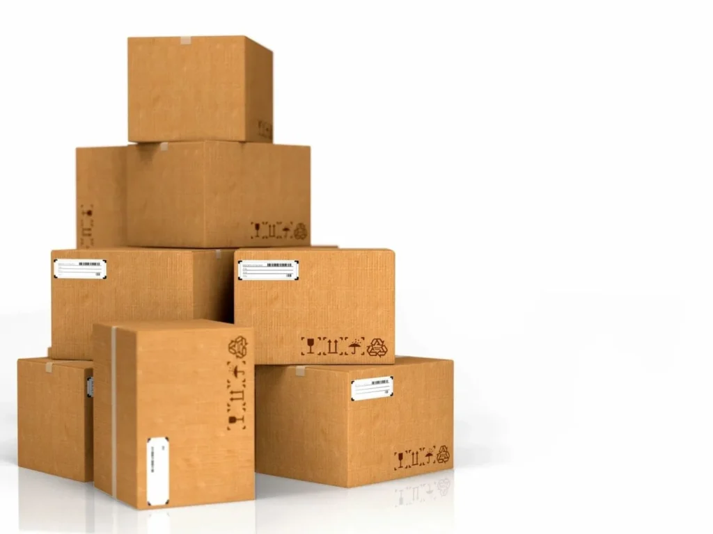 Stacked cardboard boxes with shipping labels