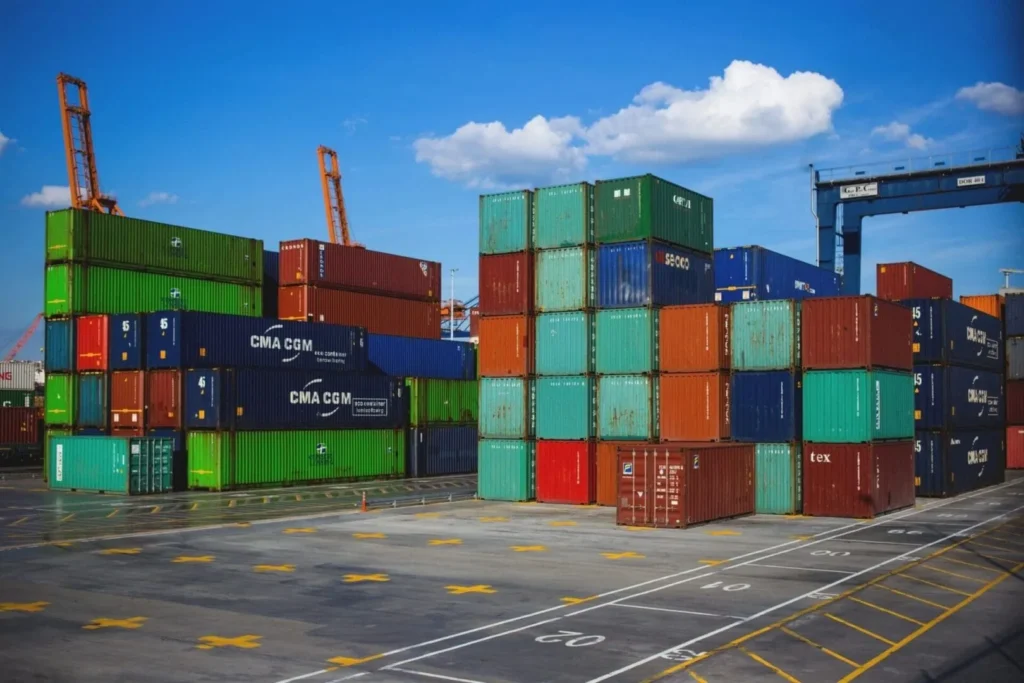 Stacked colorful shipping containers at port