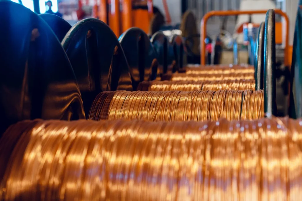 Spools of copper wire in manufacturing facility