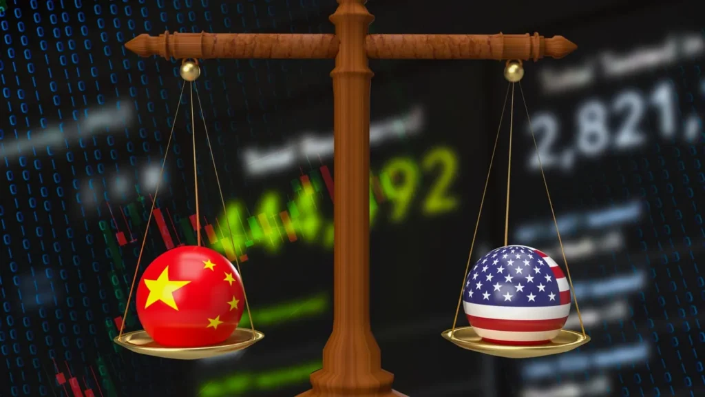 Scale balancing China and US flags