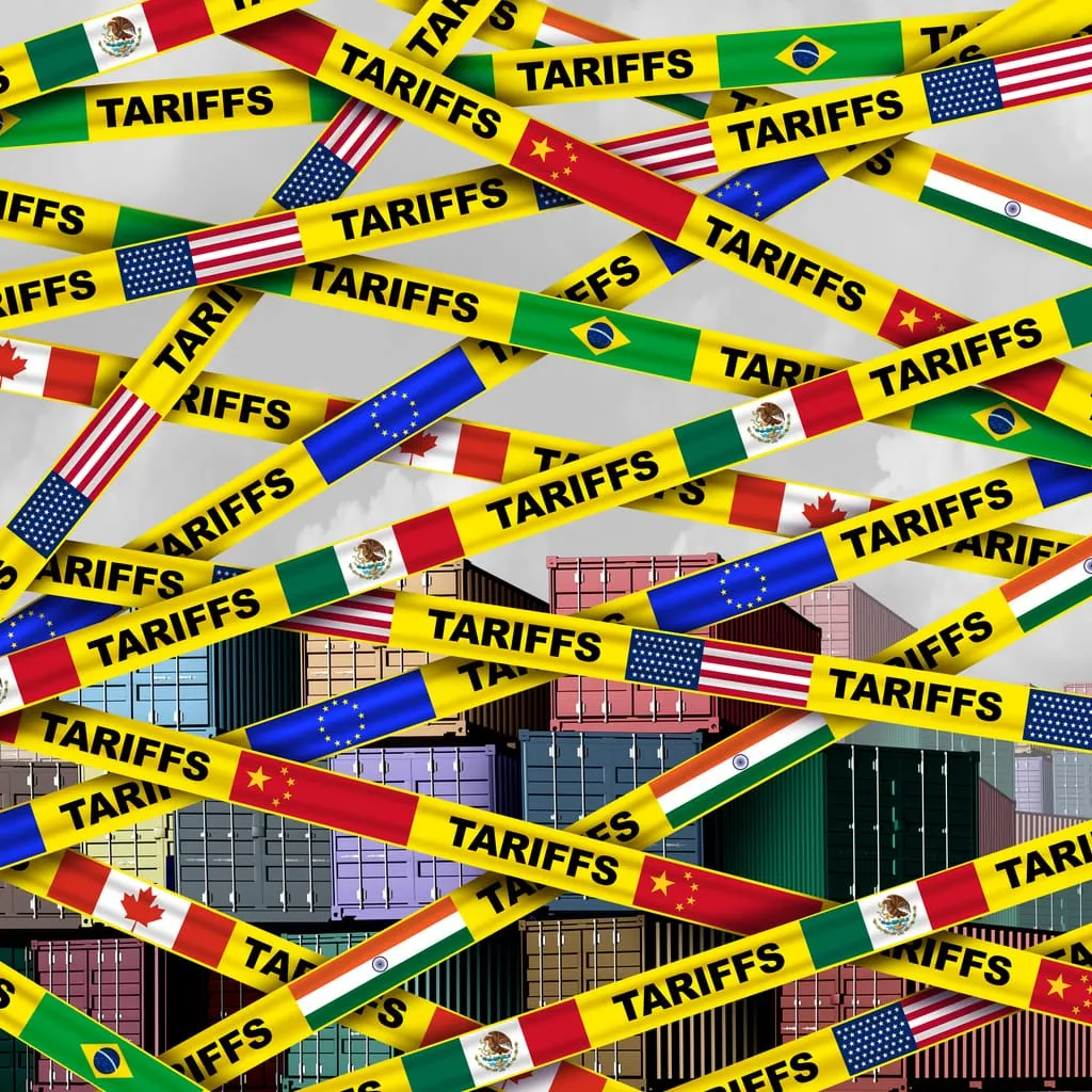 Shipping containers blocked by international tariffs tape