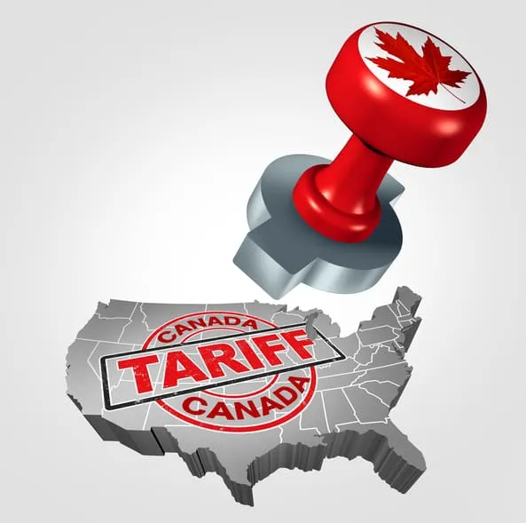 Canada tariff stamp over United States map
