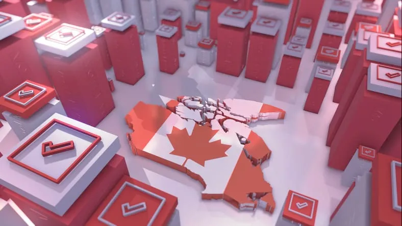 Cracked Canada map surrounded by ballot boxes