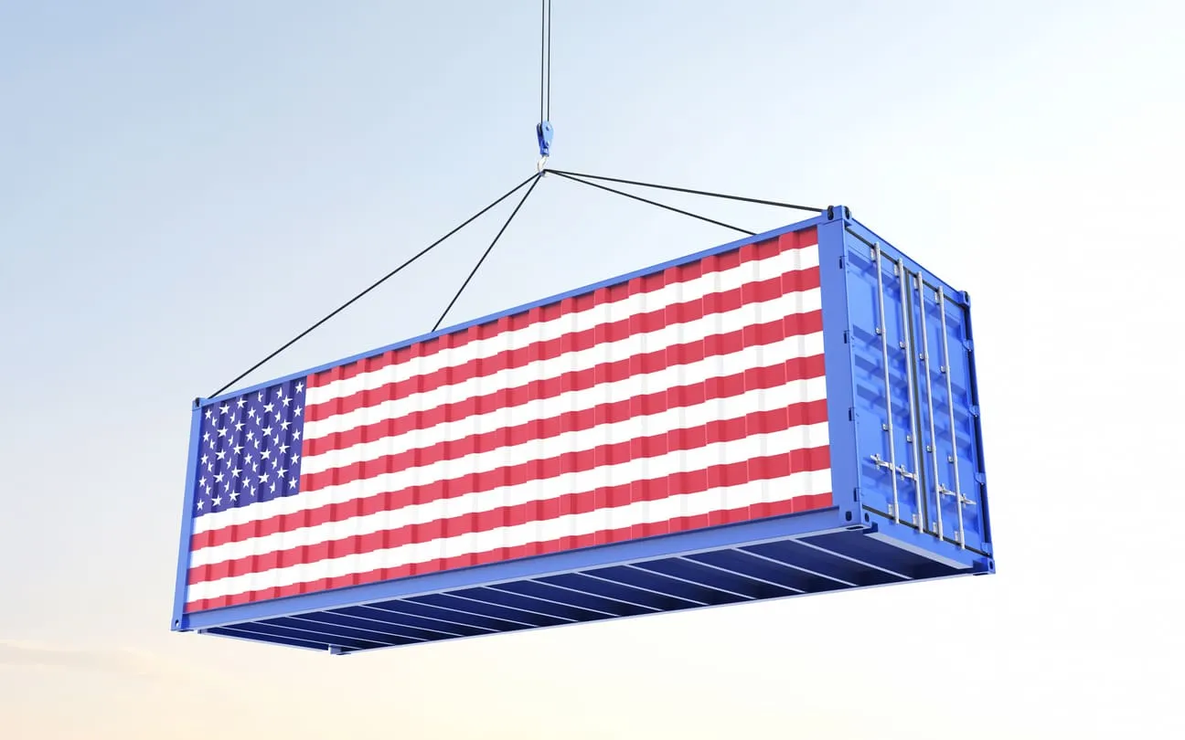 Suspended shipping container with American flag