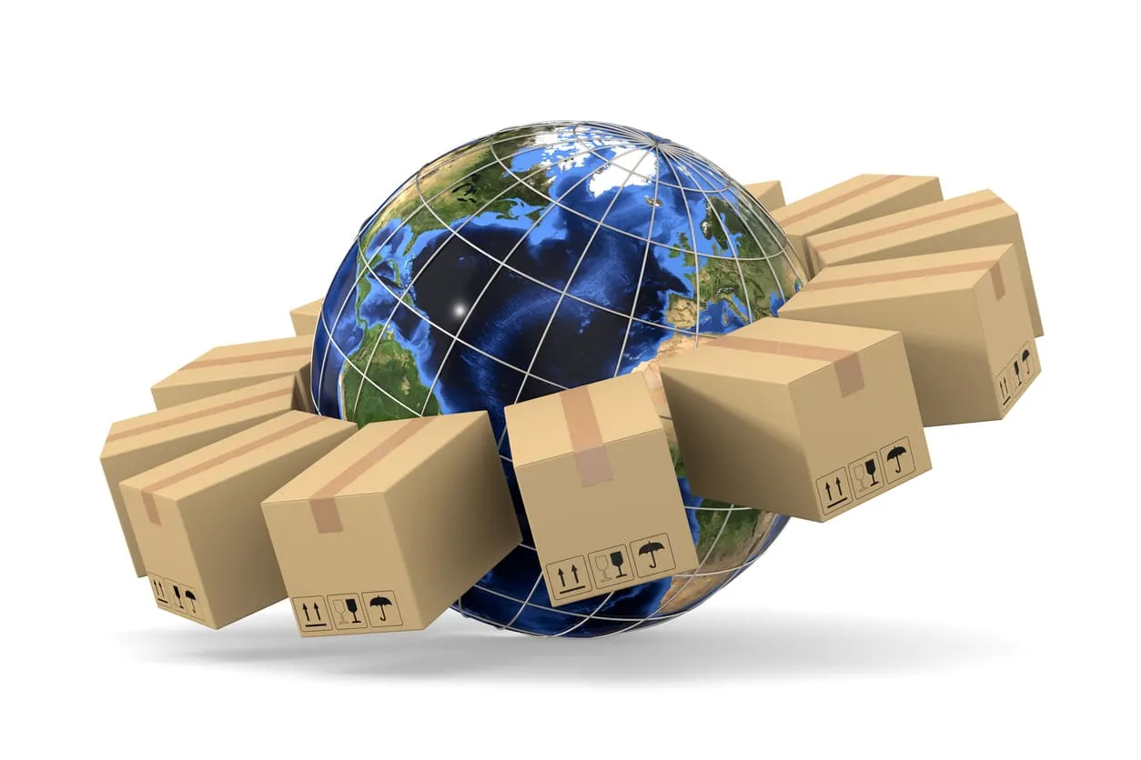 Globe encircled by cardboard shipping boxes