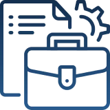 Briefcase, document, and gear icon on black.